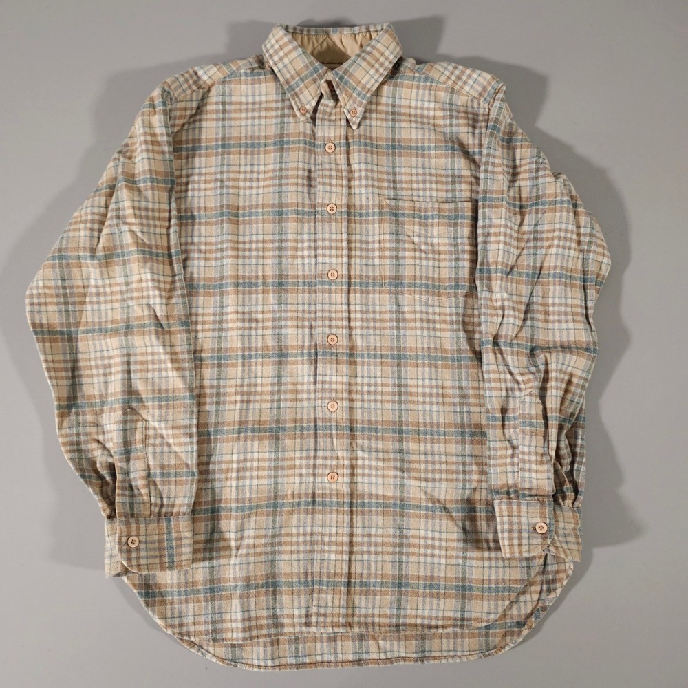 Pendleton Button Down Shirt Mens M Tan Blue Plaid 100% Virgin Wool USA Made